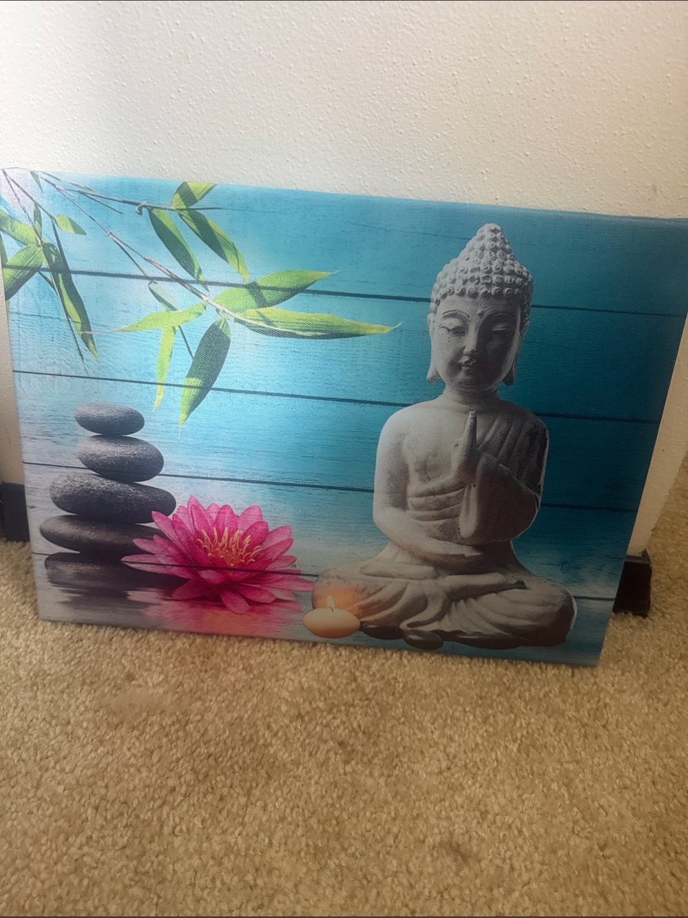 Serene Buddha Canvas Art in Blue with Pink Lotus